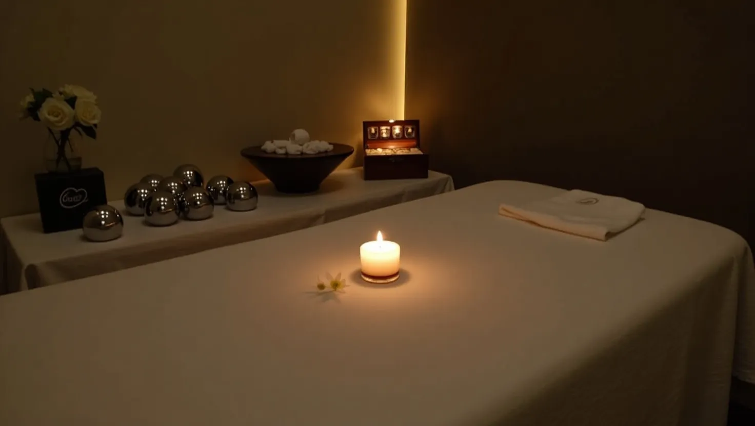 Candlelit treatment room with a massage table prepared for a session at Le Dome Spa in the Sheraton Abu Dhabi Hotel & Resort, Corniche